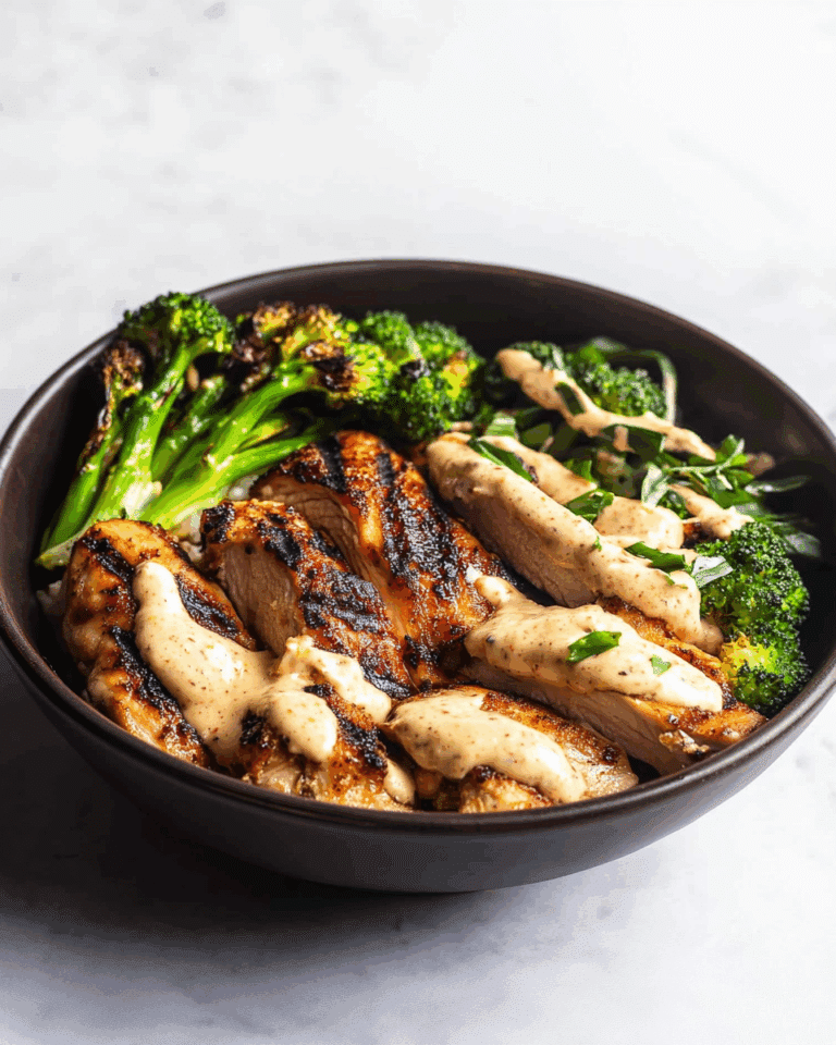 Grilled Chicken & Broccoli Bowls with Creamy Garlic Sauce