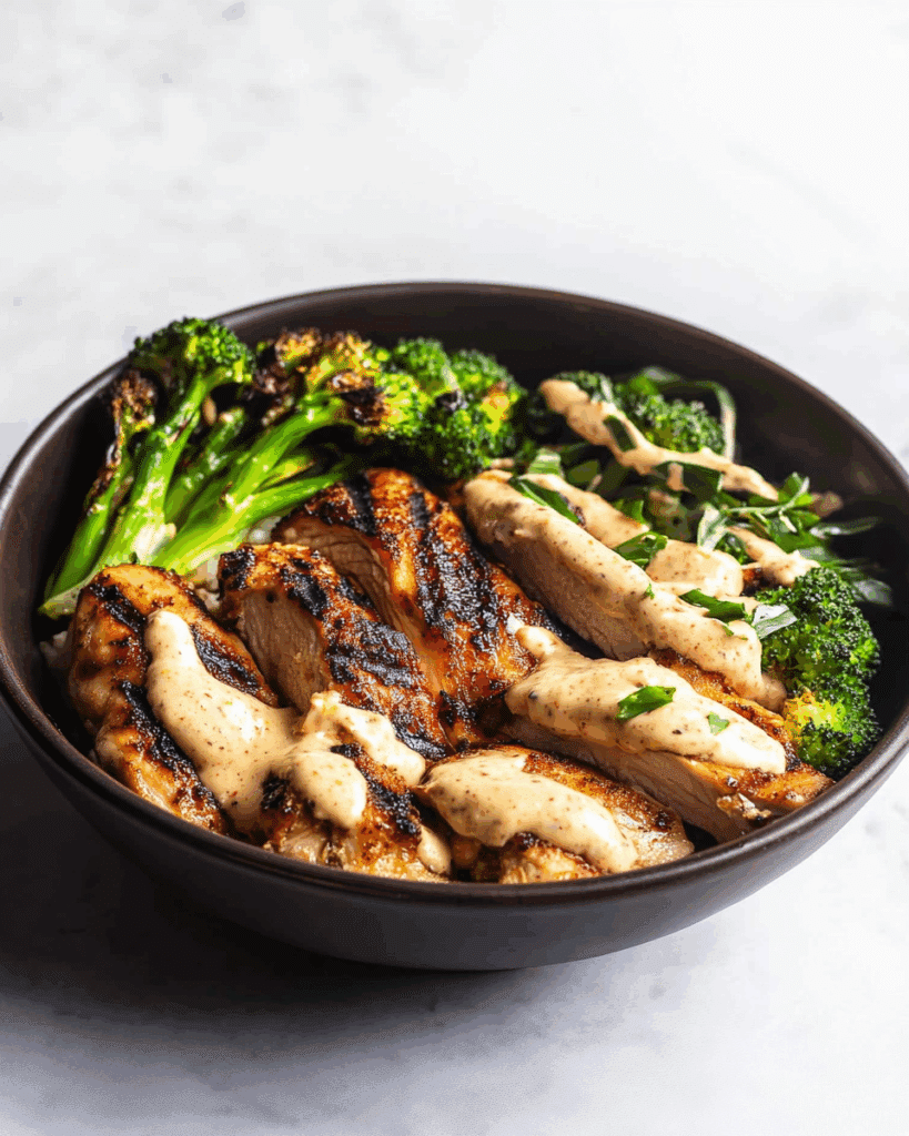 Grilled Chicken & Broccoli Bowls with Creamy Garlic Sauce
