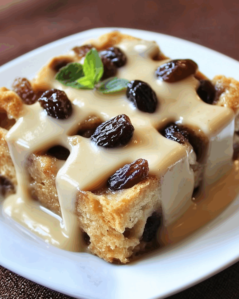 Bread Pudding in Casserole with Vanilla Sauce