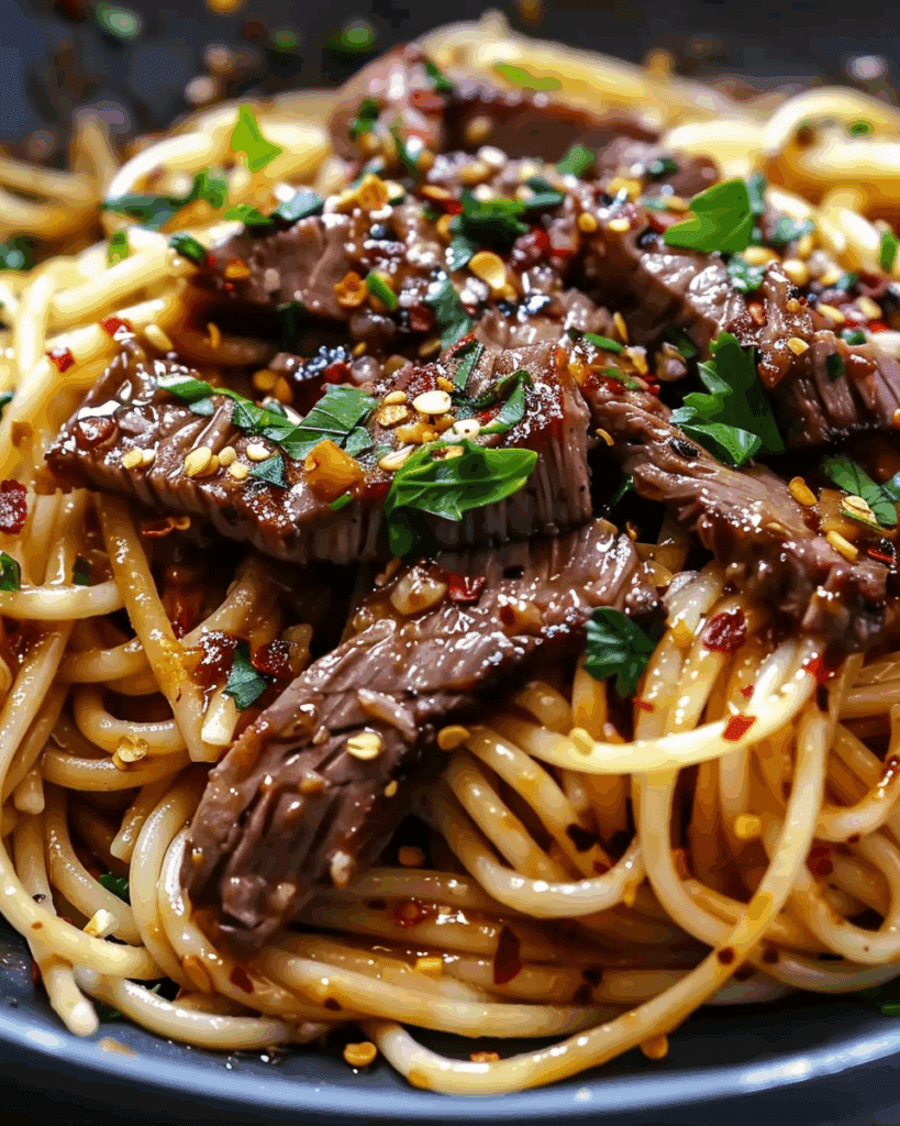 Sweet and Spicy Garlic Steak Pasta