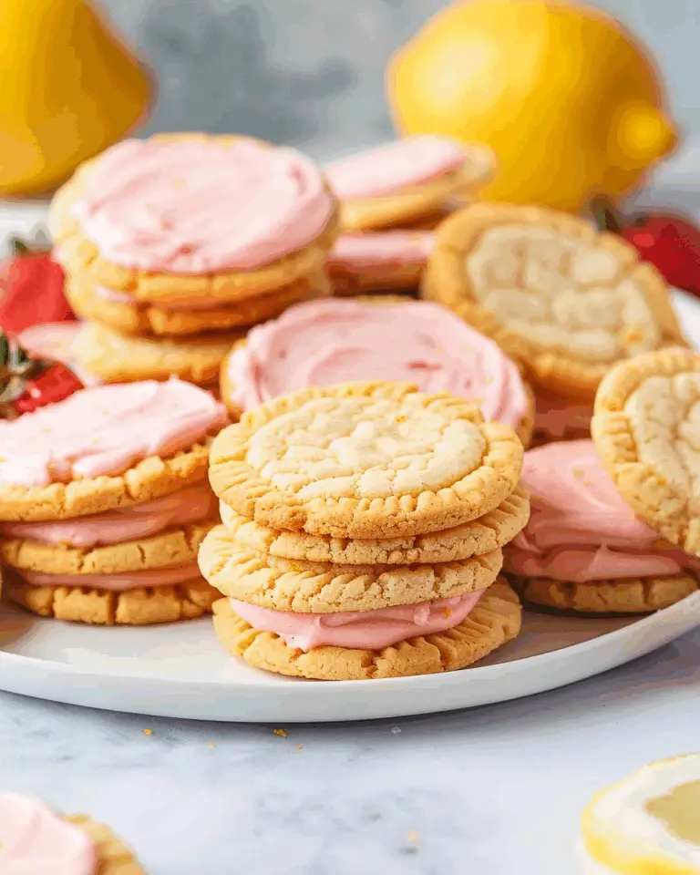 Lemon Sandwich Cookies with Strawberry Frosting