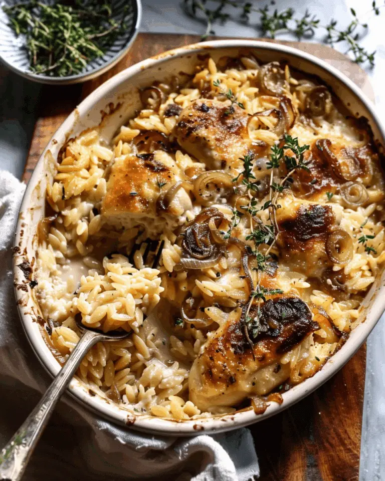 French Onion Chicken Orzo Casserole