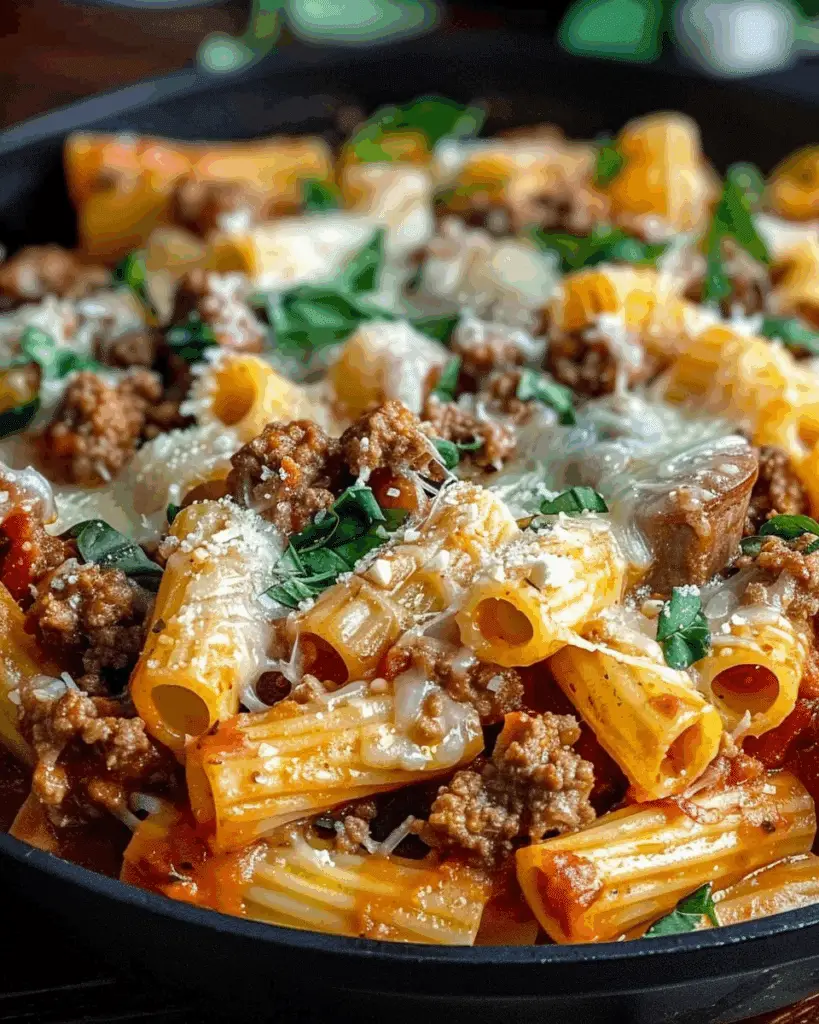Cheesy Beef and Italian Sausage Rigatoni in Garlic Butter Sauce