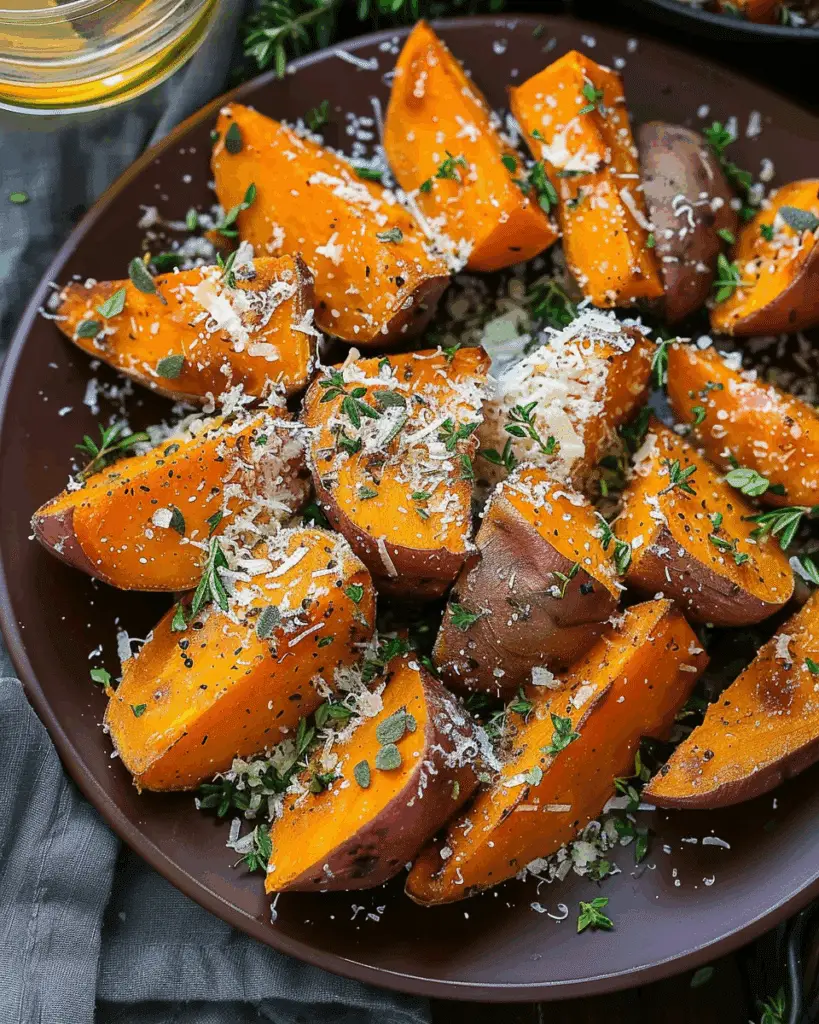 Garlic & Herb Roasted Sweet Potatoes with Parmesan