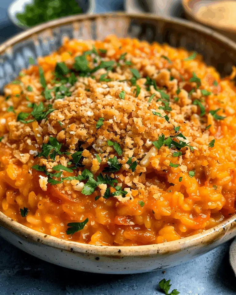 Creamy Tomato Risotto with Crispy Garlic Crumbs