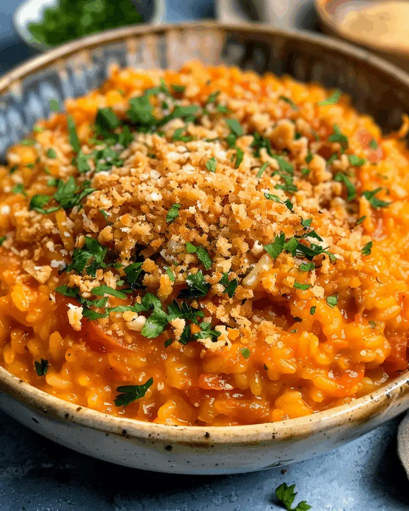 Creamy Tomato Risotto with Crispy Garlic Crumbs