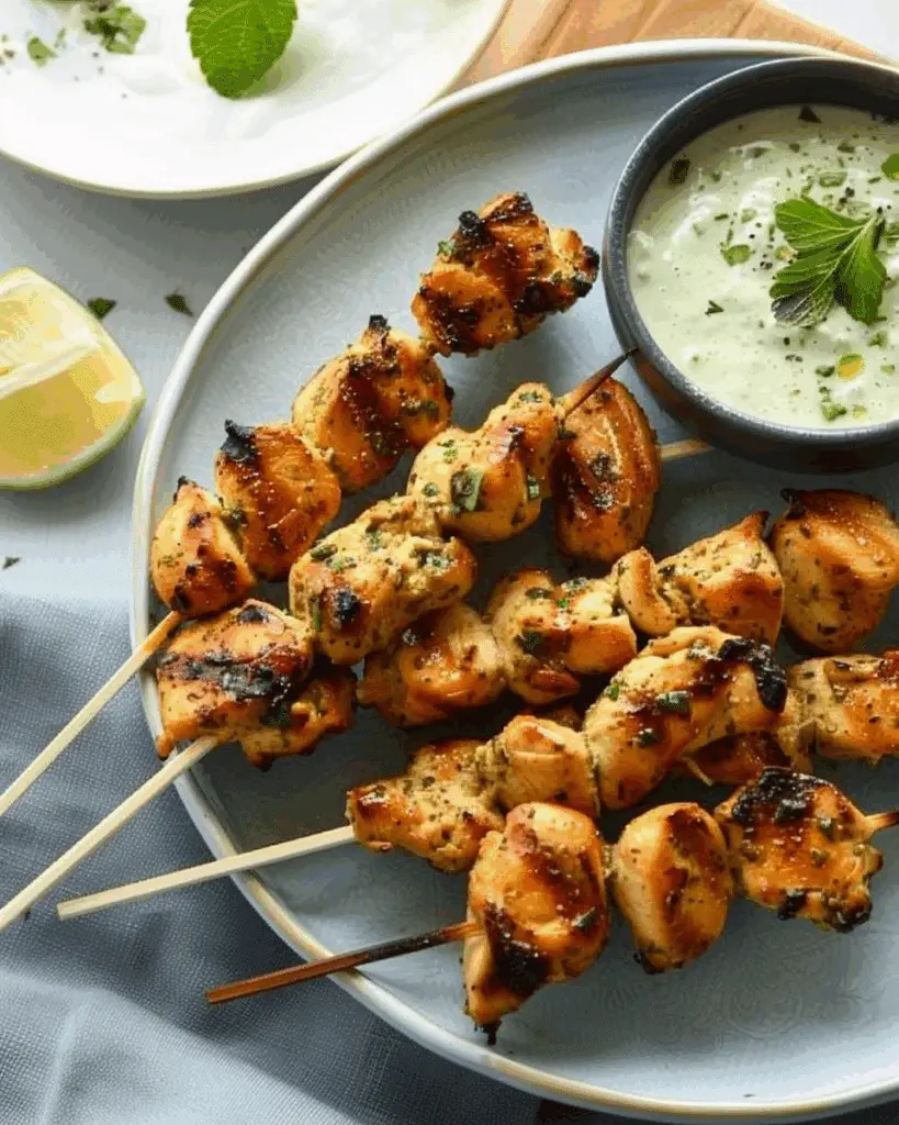 Mini chicken kebabs with herb dipping sauce