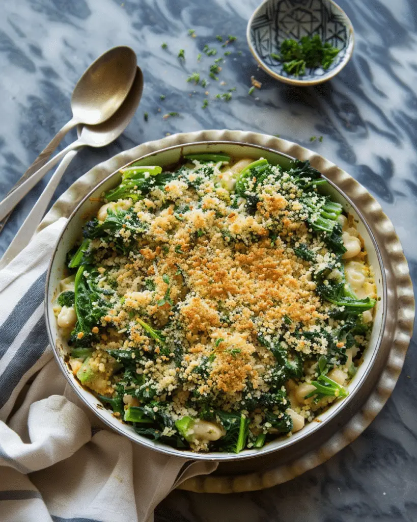 Broccoli Rabe with White Beans and Cheddar Breadcrumbs