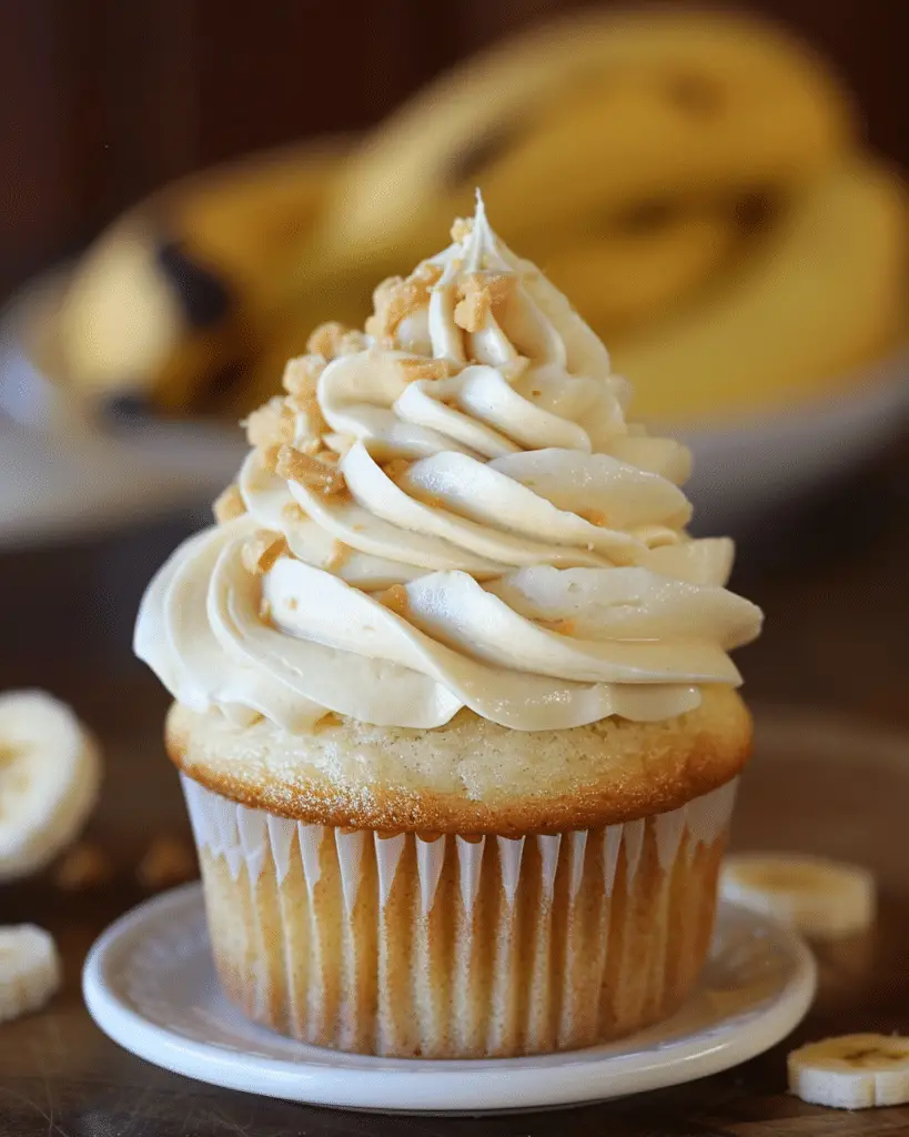 The Elvis Banana Cupcake with Peanut Butter Swiss Meringue Frosting & Savory Crisp