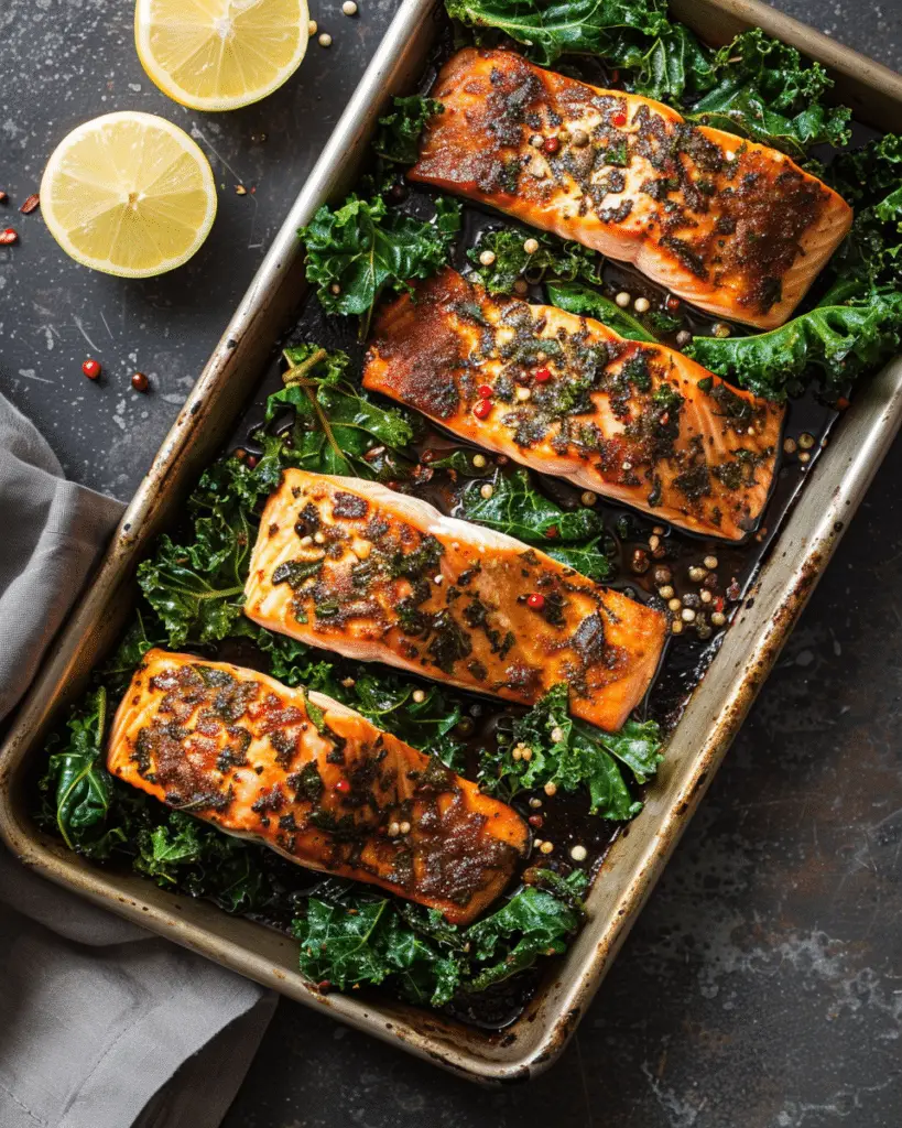 Sheet Pan Salmon with Spicy Garlic Kale