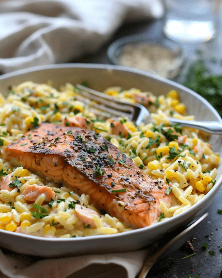 Creamed Corn Orzo with Salmon