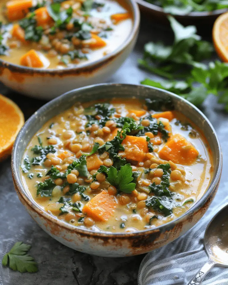 Ginger Sweet Potato Coconut Milk Stew with Lentils & Kale