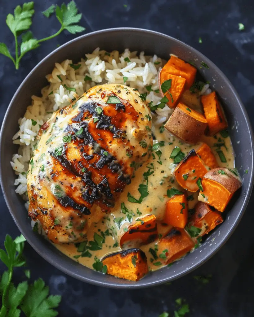 Grilled Chicken in Creamy Herb Sauce with Rice, Sweet Potatoes & Veggies