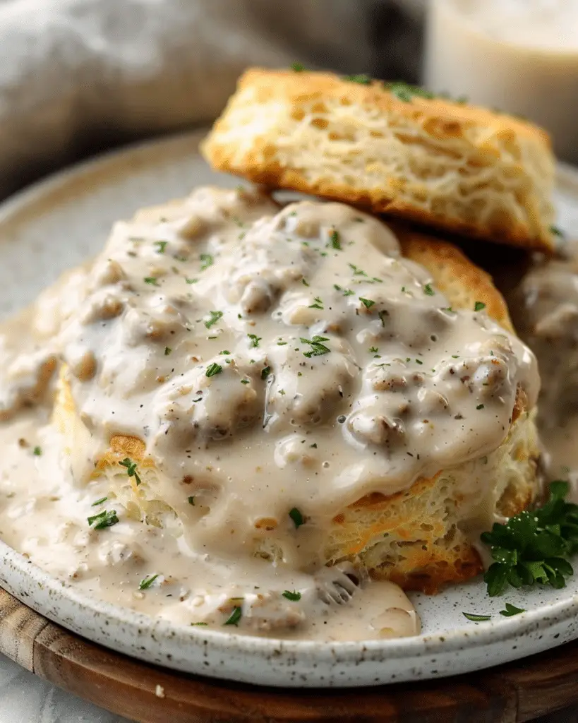 Fluffy Southern Biscuits Smothered in Creamy Sausage Gravy
