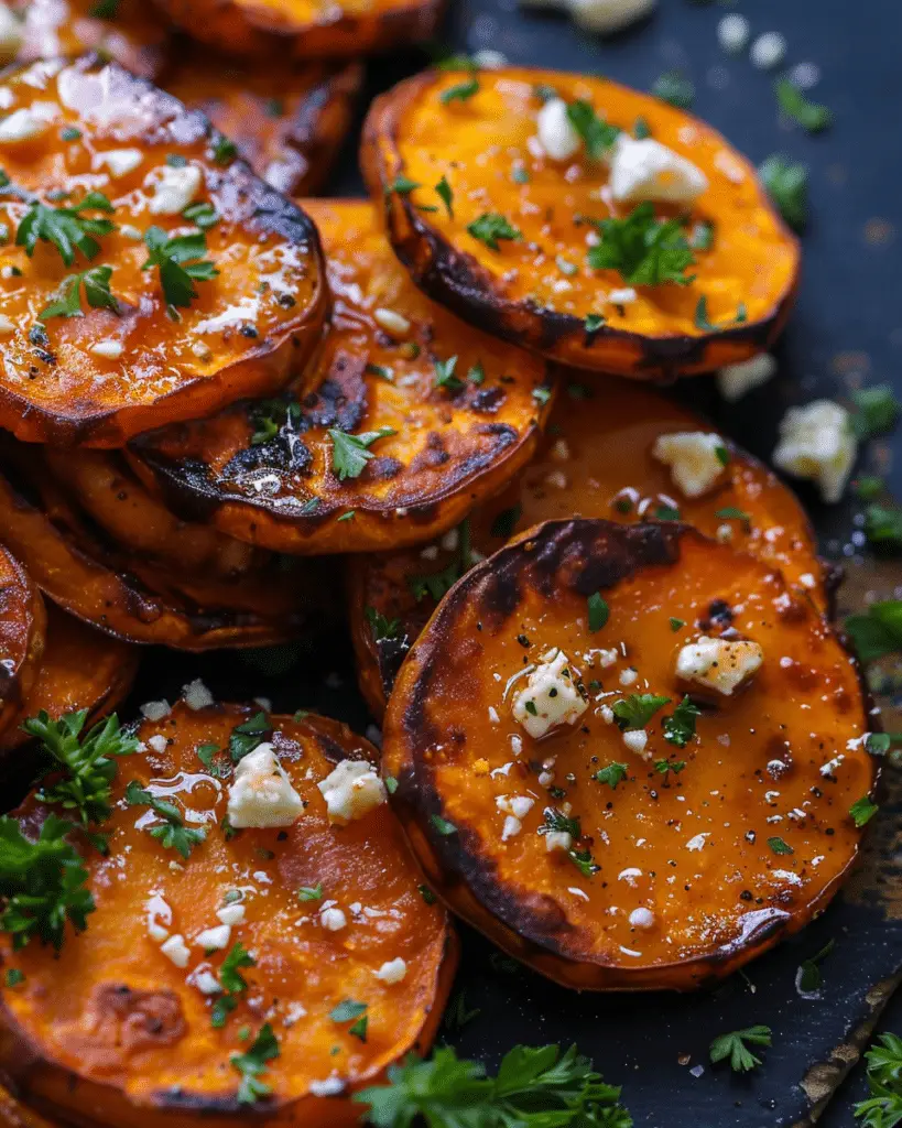 Crispy Roasted Sweet Potato Rounds with Honey and Feta