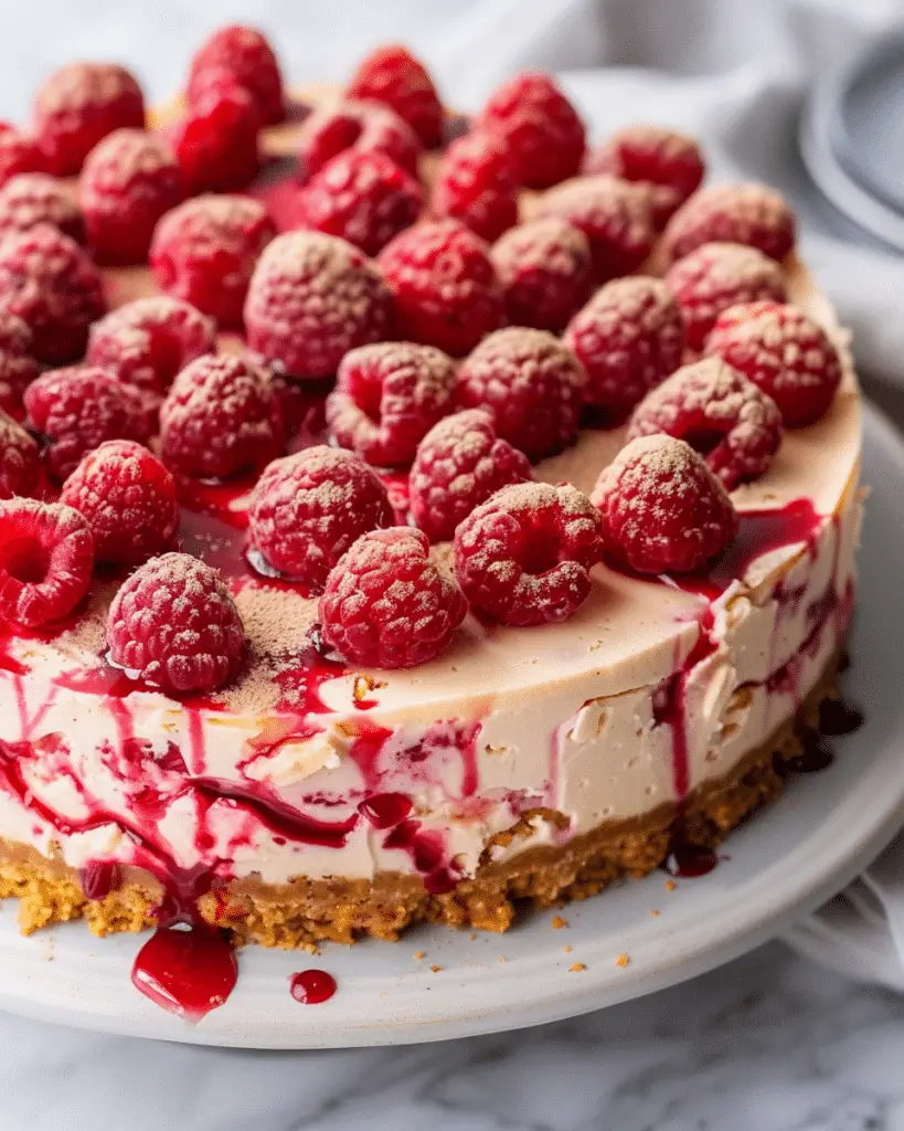 Peach Raspberry Cheesecake A creamy and fruity cheesecake made with a buttery graham cracker crust, swirled with fresh raspberries and sweet peaches—perfect for summer dessert lovers.