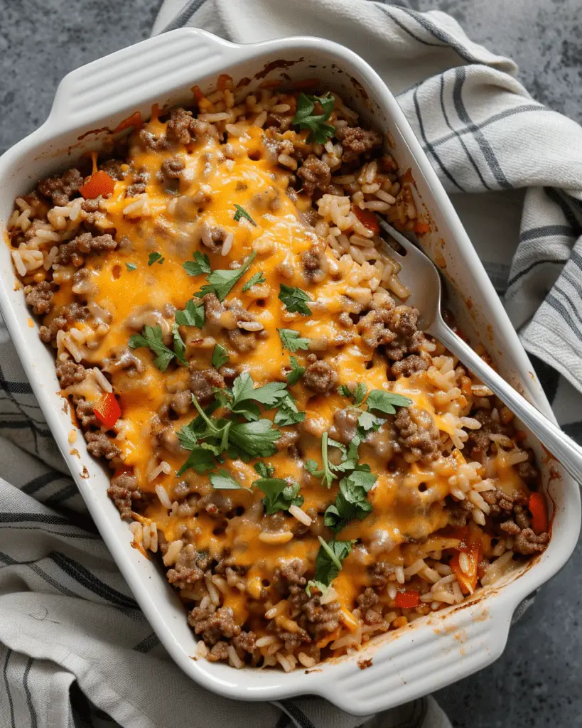 Cheesy Ground Beef and Rice Casserole