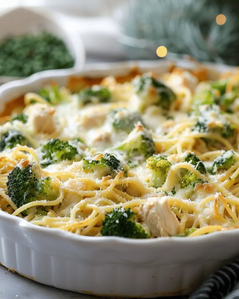 Cheesy Broccoli Chicken Spaghetti Casserole