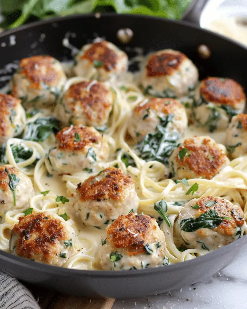 Chicken Ricotta Meatballs with Spinach Alfredo Sauce