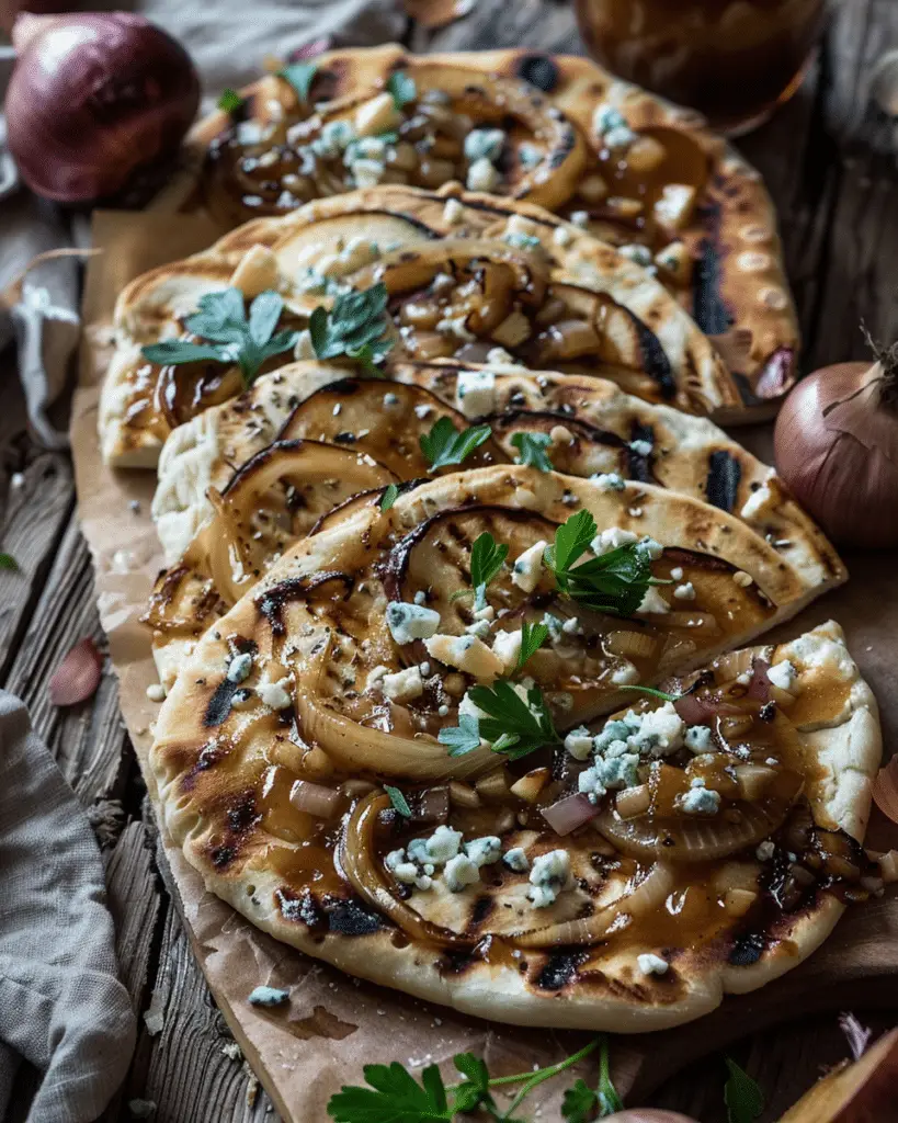 Grilled Caramelized Onion, Blue Cheese, and Apple Butter Flatbread