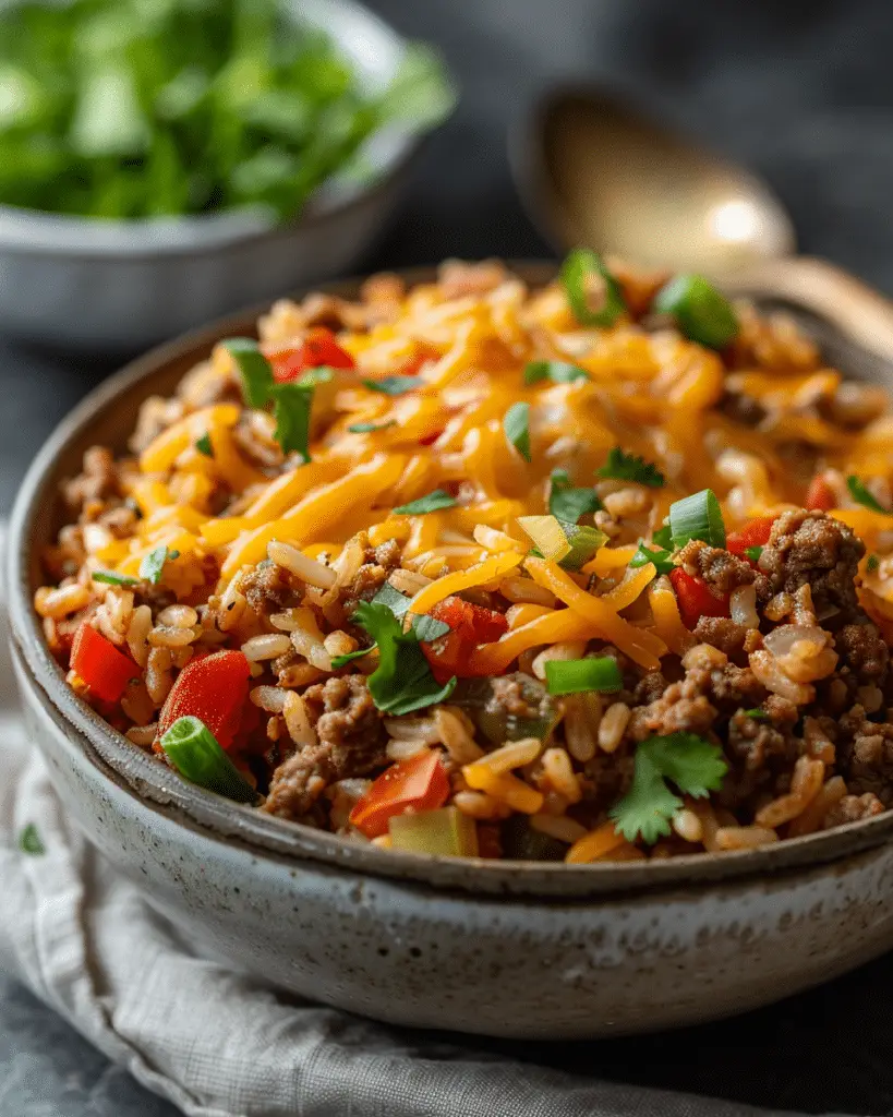 Cheesy Queso Ground Beef Rice