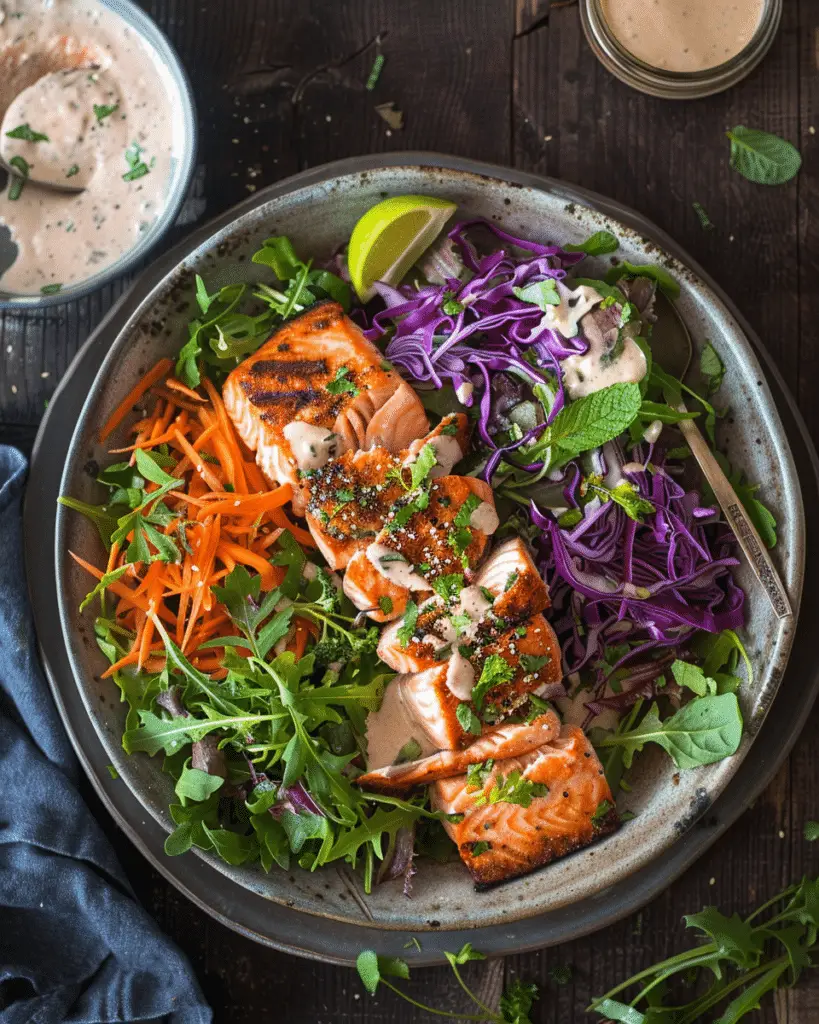 Healthy Salmon Salad with Tahini Dressing