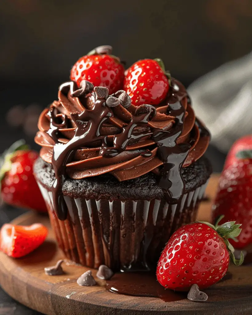 Juicy Chocolate Covered Strawberry Cupcakes