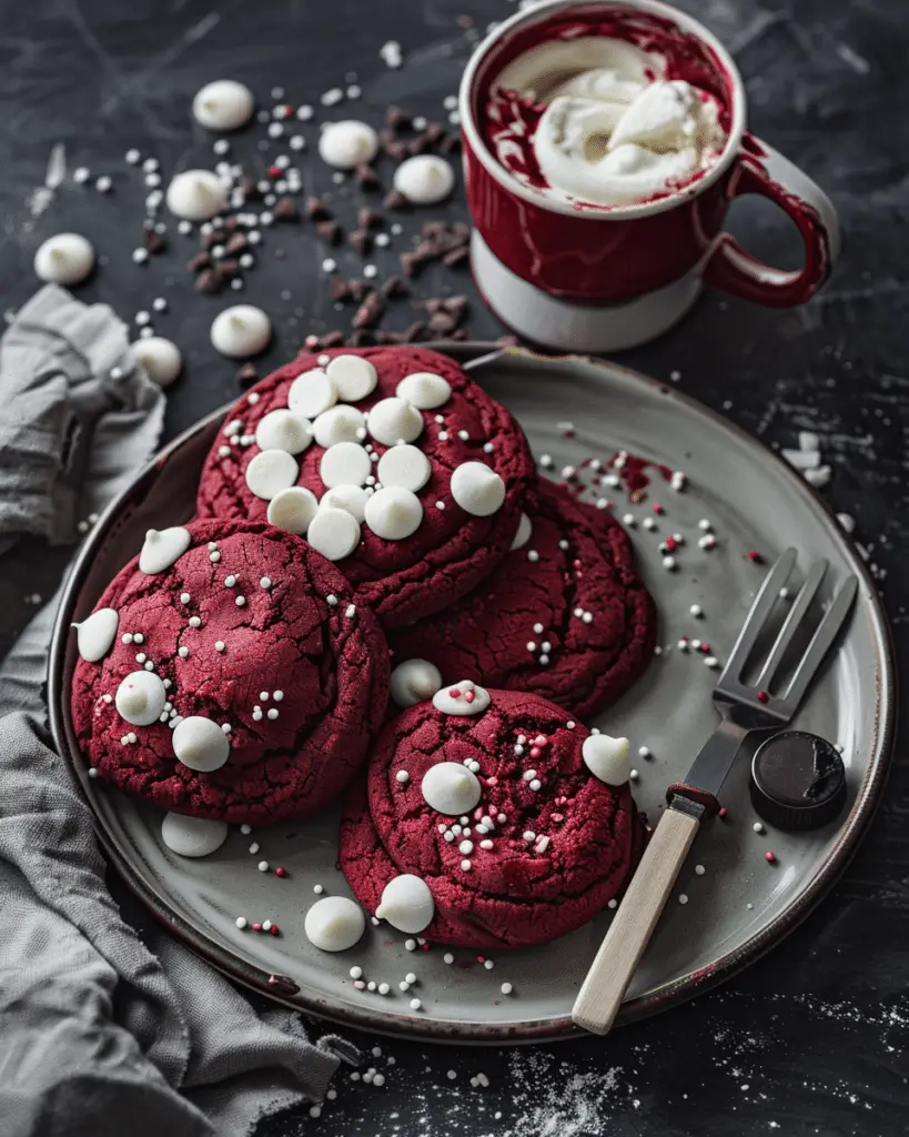 Soft Red Velvet Hot Chocolate Cookies