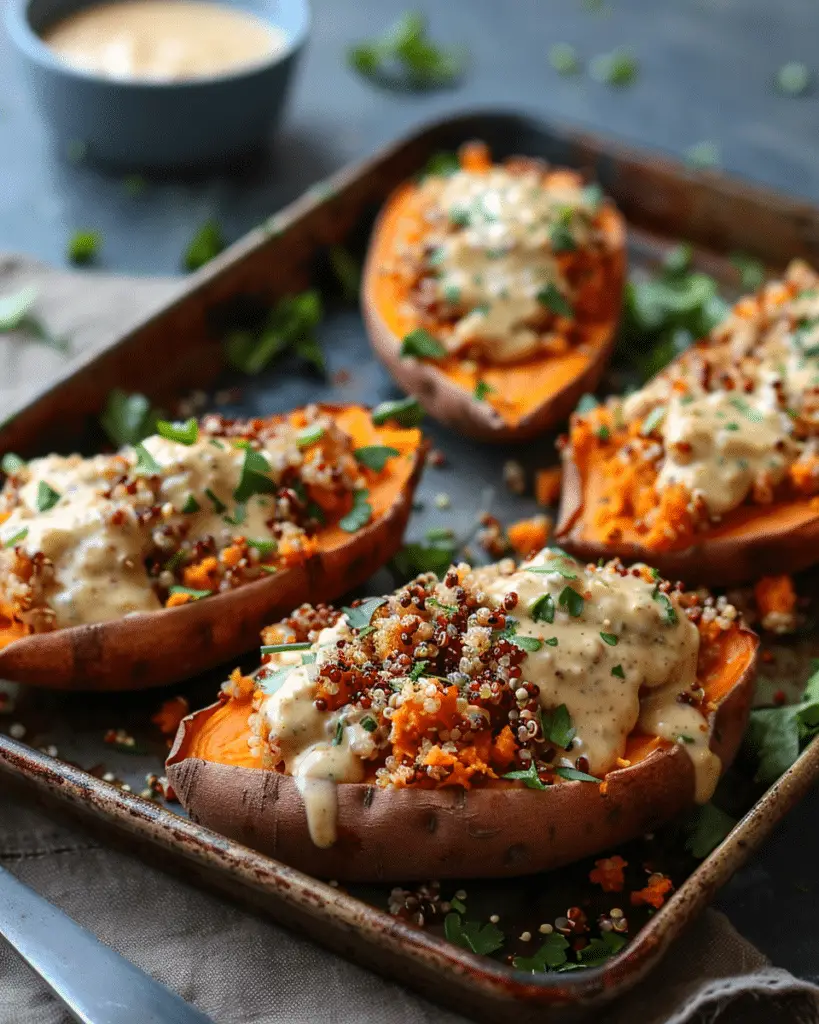 Quinoa Stuffed Sweet Potatoes With Tahini Sauce