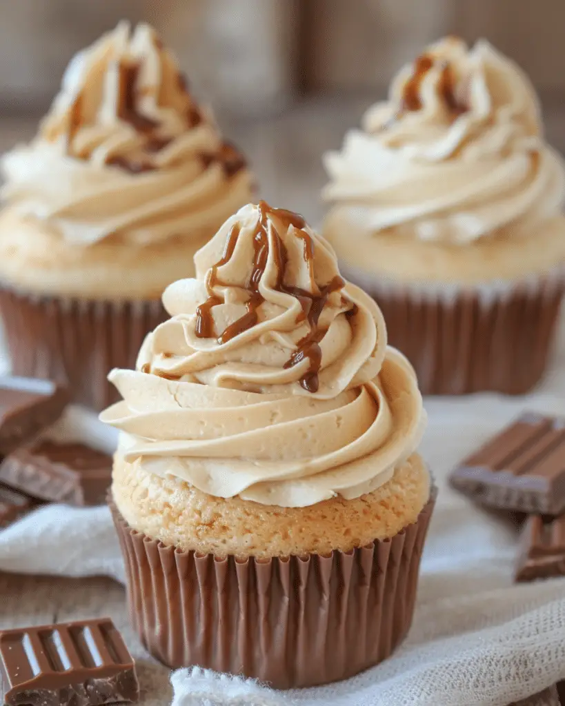 Kit Kat Cupcakes with Caramel Buttercream Frosting
