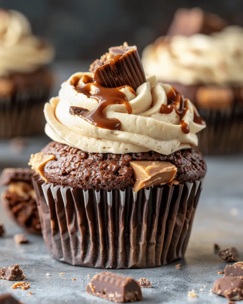 Peanut Butter Cup Stuffed Brownie Cupcakes with Peanut Butter Buttercream