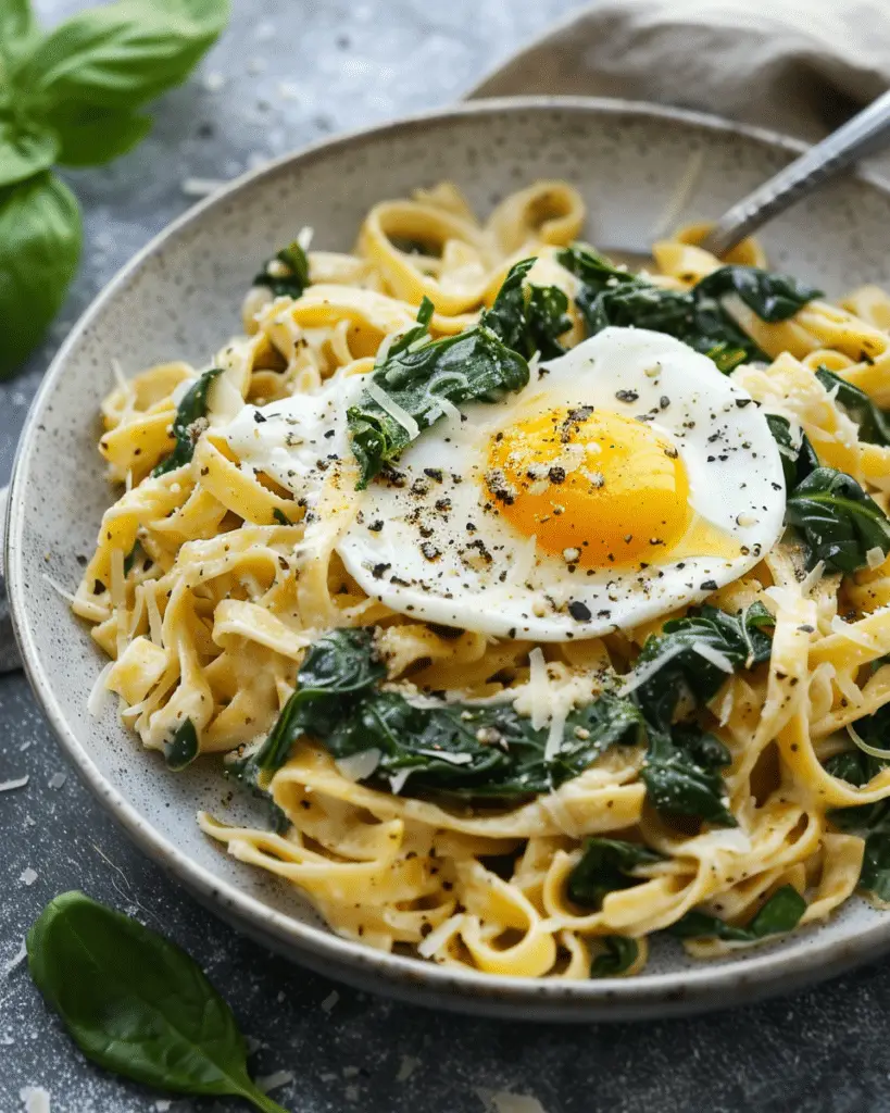Breakfast Pasta with Spinach and Egg