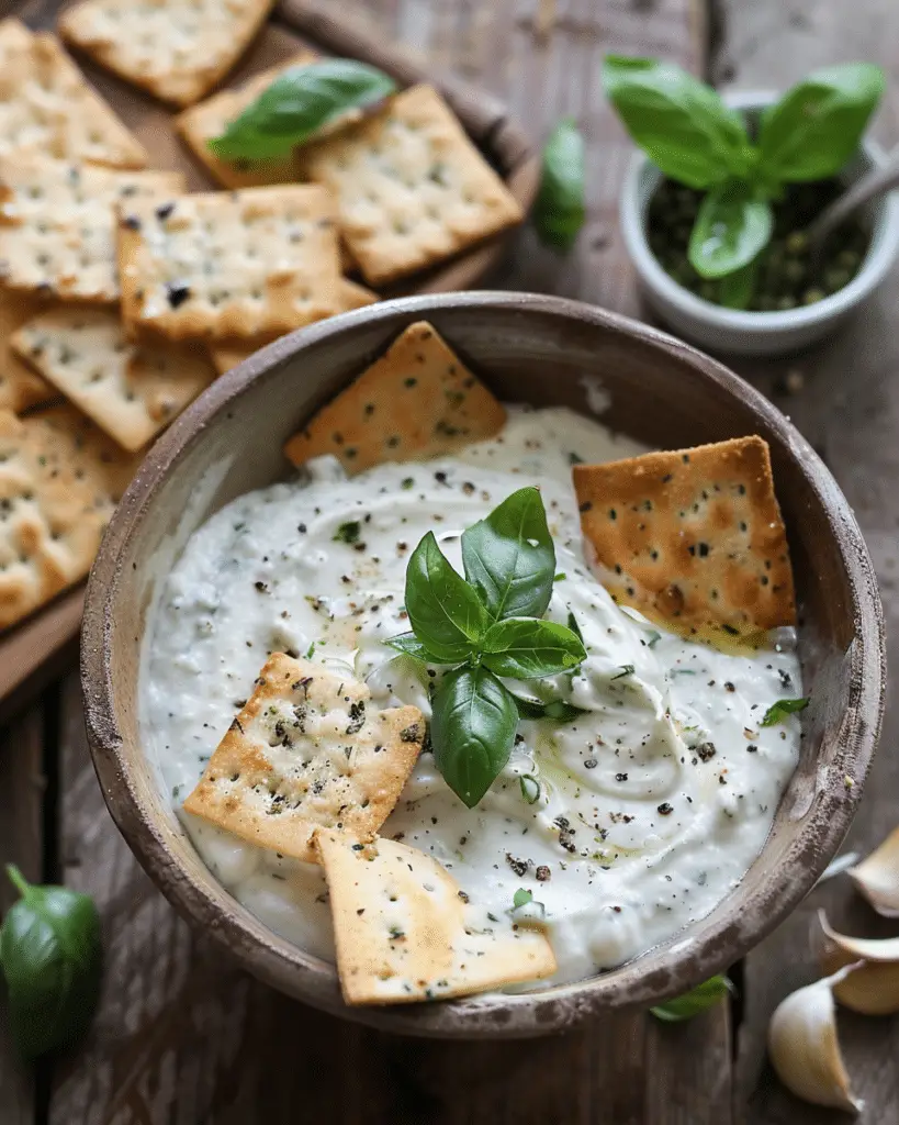 Roasted Garlic Basil Cheese Dip and Homemade Gluten Free Basil Crackers