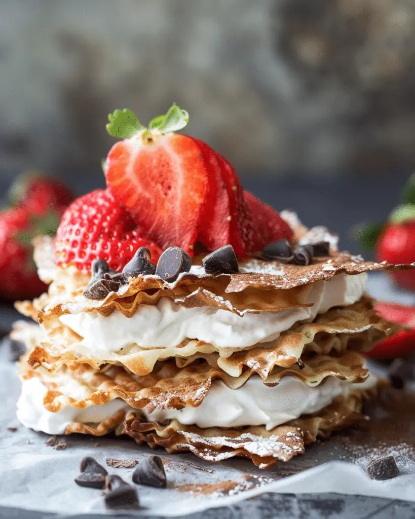 Coconut Tuiles with Fresh Strawberries and Chocolate Whipping Cream