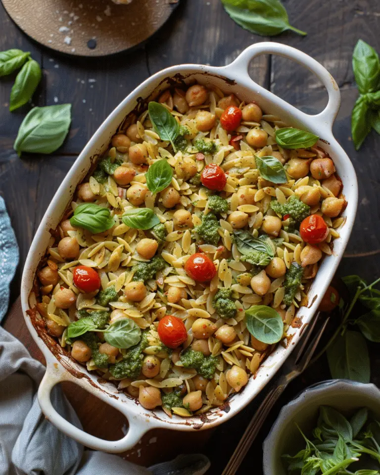 Pesto Orzo Chickpea Bake