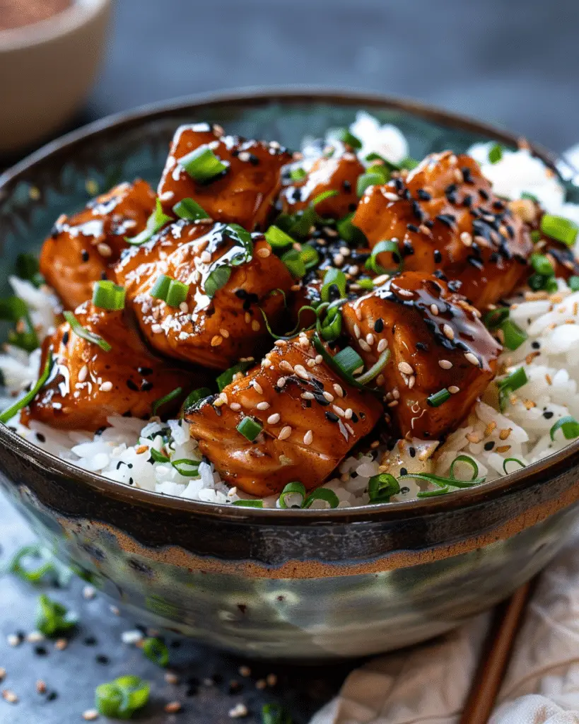 Air Fried Teriyaki Salmon Bites Rice Bowl
