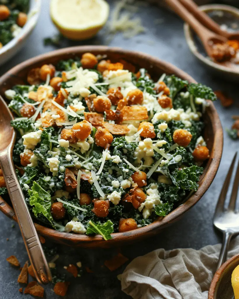 Vegan Kale Caesar Salad with Crispy Chickpeas