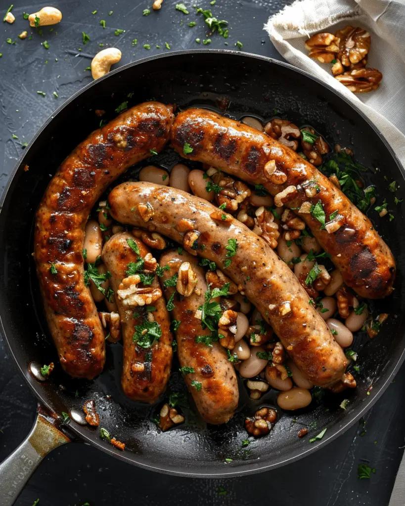 Pan-Fried Italian Vegan Sausage with White Beans and Walnuts