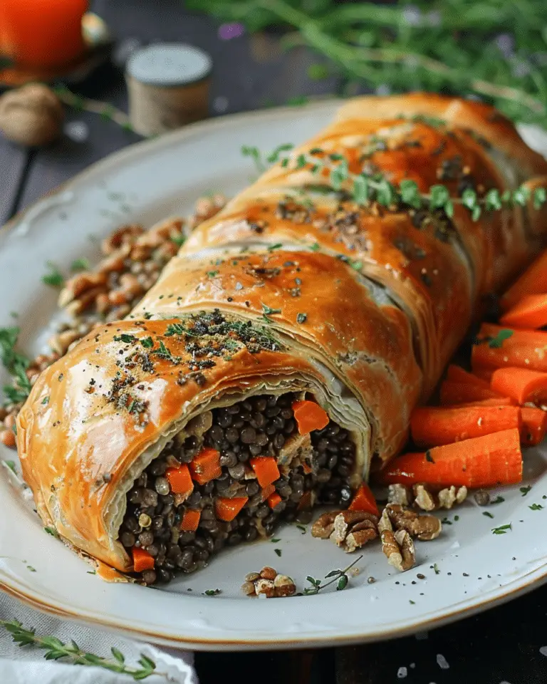 Vegan Wellington with Oven-Roasted Carrots, Lentils, and Walnuts