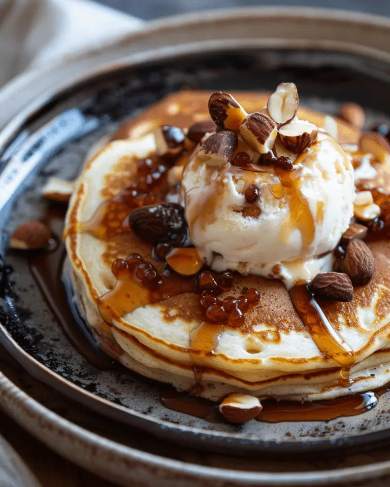 Pancakes with Ice Cream and Caramelized Almonds