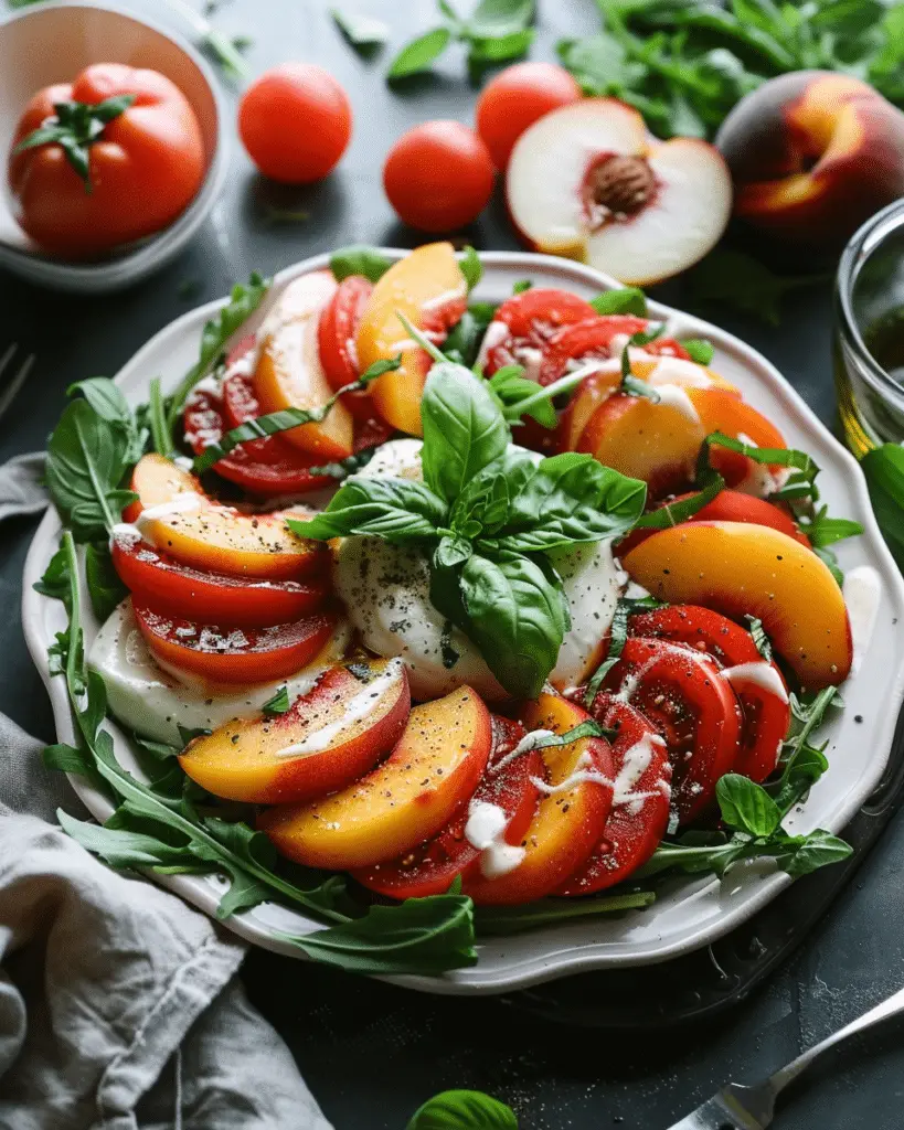 Vegan Caprese Salad with Peaches & Arugula