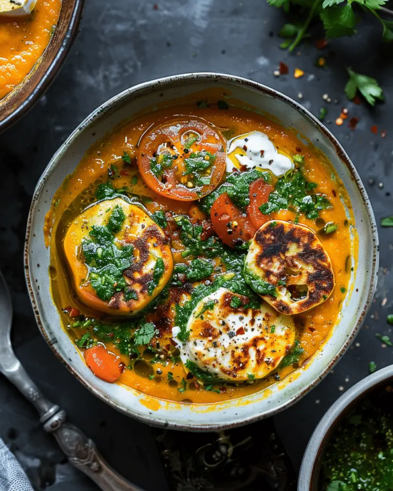 Roasted Yellow Tomato Soup with Green Harissa and Halloumi