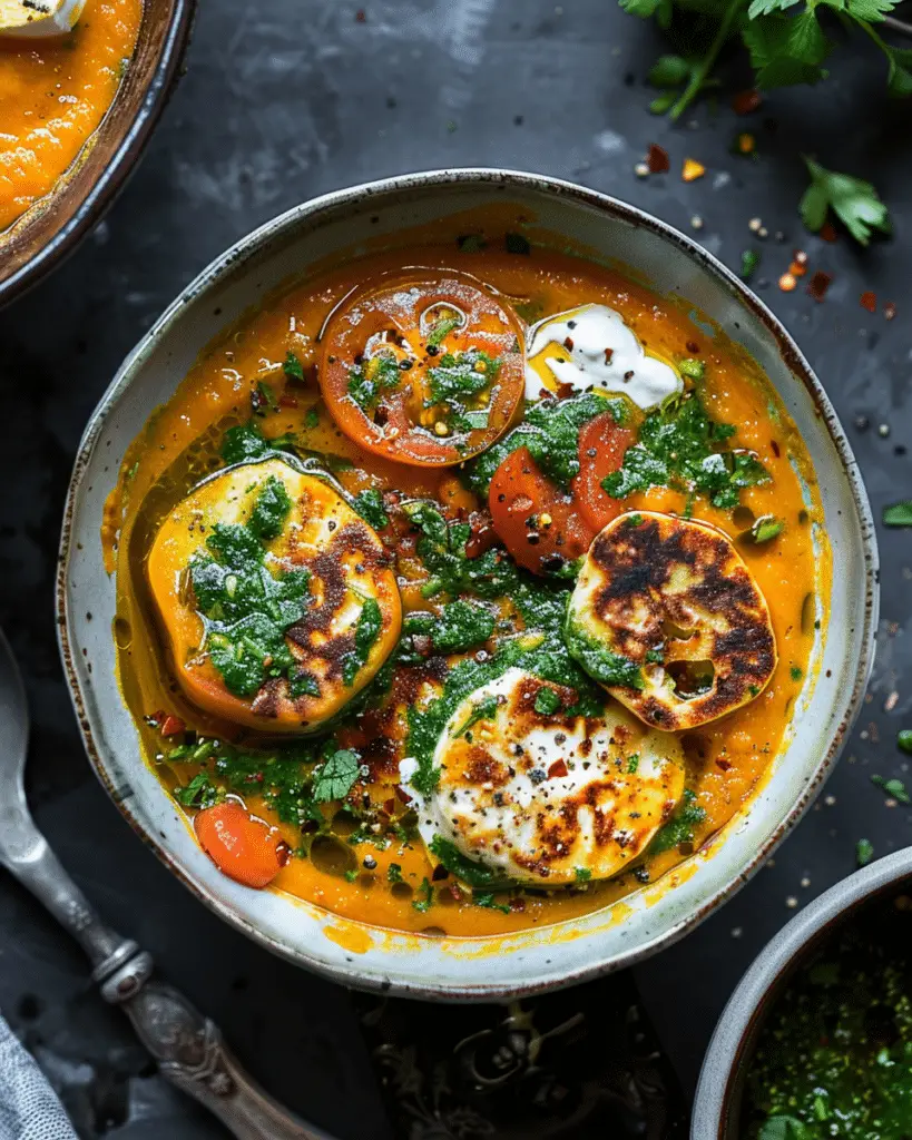Roasted Yellow Tomato Soup with Green Harissa and Halloumi
