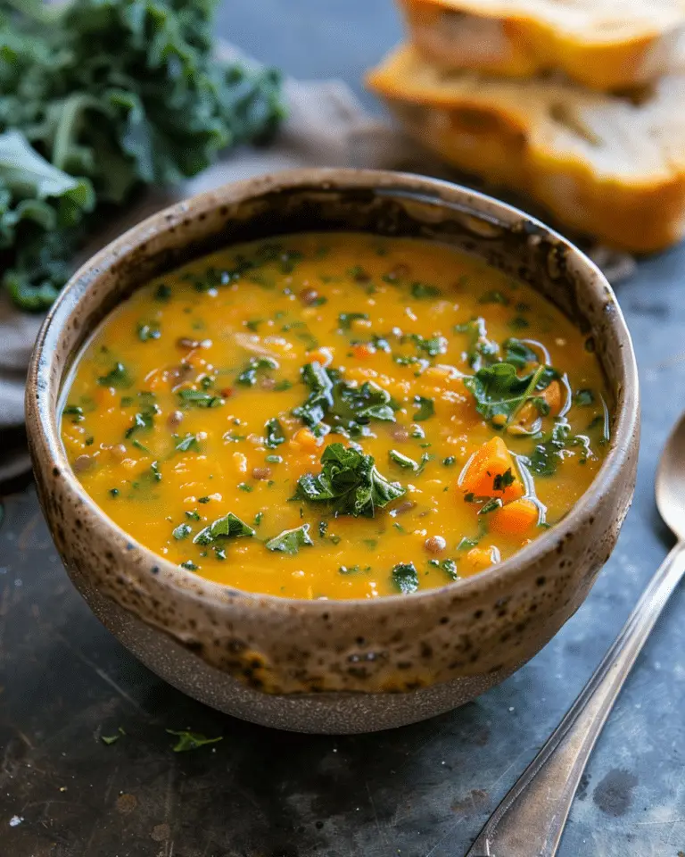 Curried Red Lentil, Kale and Sweet Potato Soup