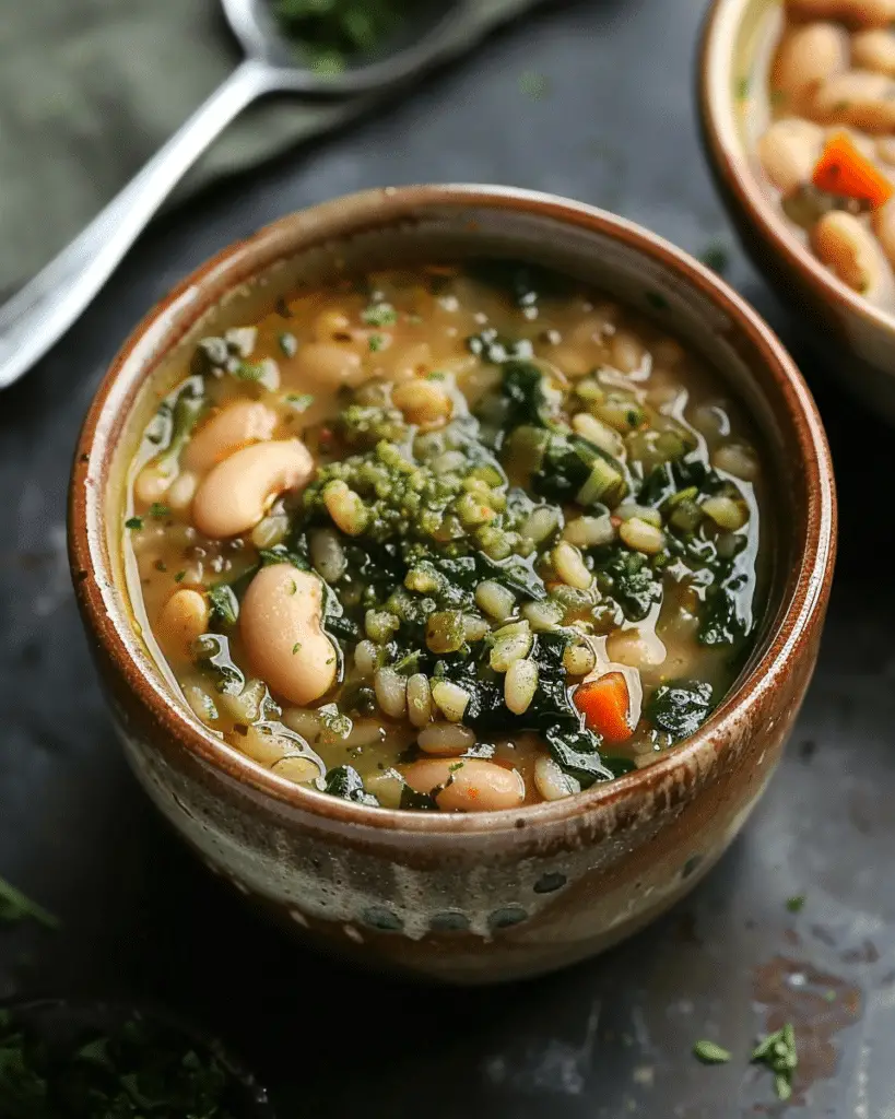 White Bean, Kale and Farro Soup with Parsley Pesto