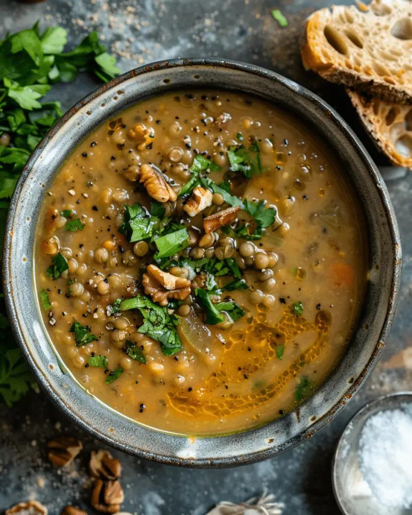 Easy Lentil Soup With Smashed Walnuts