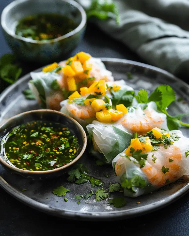 Mango Bell Pepper Rice Paper Rolls with Mango Cilantro Dipping Sauce