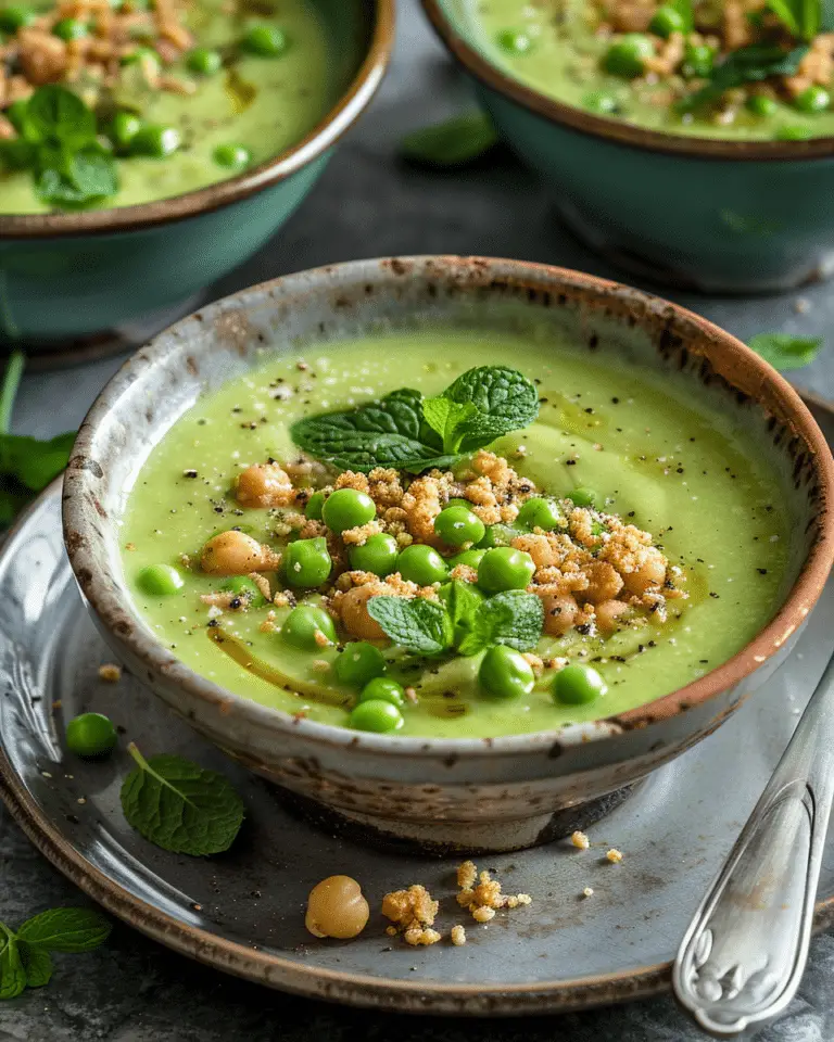 Sweet Pea and Mint Soup with Chickpea Crumble
